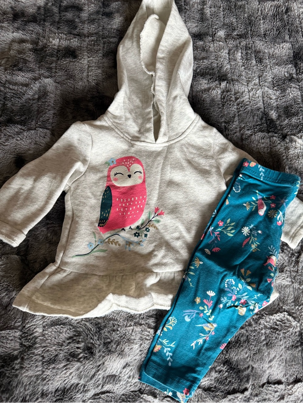 Carter’s 12M Owl Hooded Tunic Floral Leggings 2 Piece Outfit